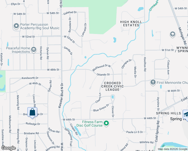 map of restaurants, bars, coffee shops, grocery stores, and more near 2635 Orlando Street in Indianapolis