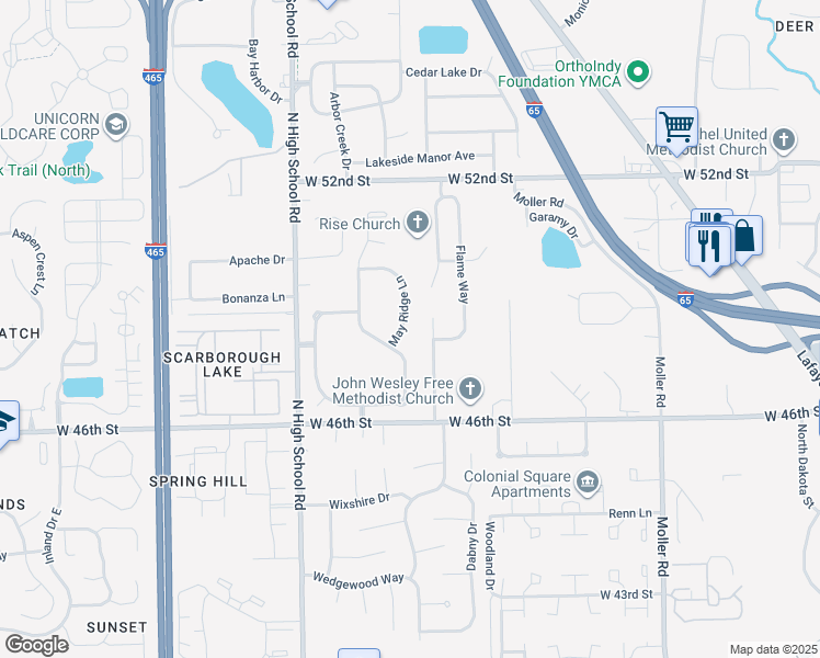 map of restaurants, bars, coffee shops, grocery stores, and more near 4826 May Ridge Lane in Indianapolis