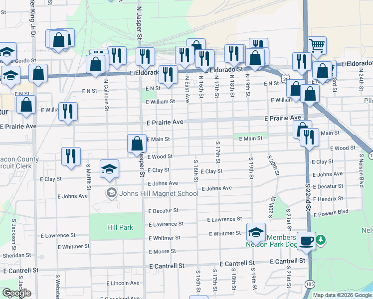 map of restaurants, bars, coffee shops, grocery stores, and more near 123 South East Avenue in Decatur