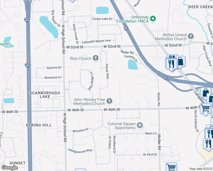 map of restaurants, bars, coffee shops, grocery stores, and more near 4828 Flame Way in Indianapolis