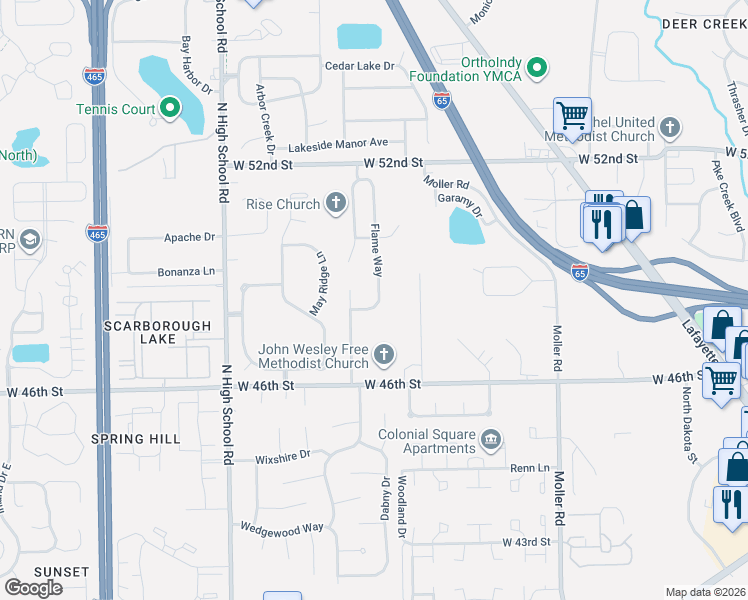 map of restaurants, bars, coffee shops, grocery stores, and more near 4815 Candle Court in Indianapolis