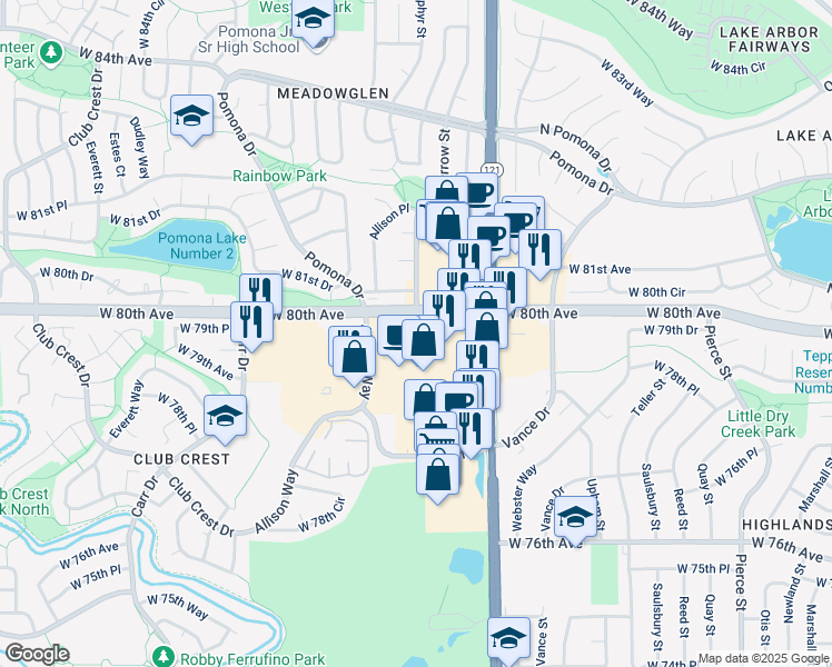 map of restaurants, bars, coffee shops, grocery stores, and more near 7790 West 80th Avenue in Arvada