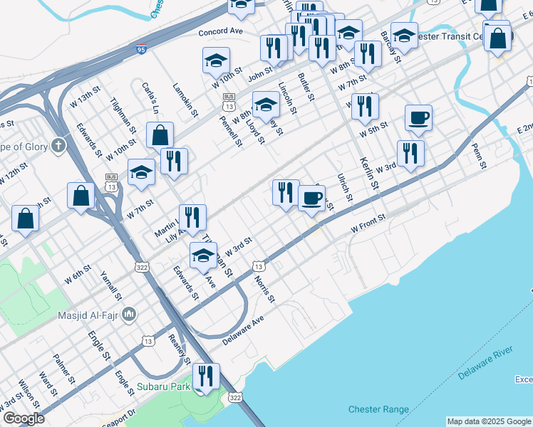 map of restaurants, bars, coffee shops, grocery stores, and more near 315 Lamokin Street in Chester