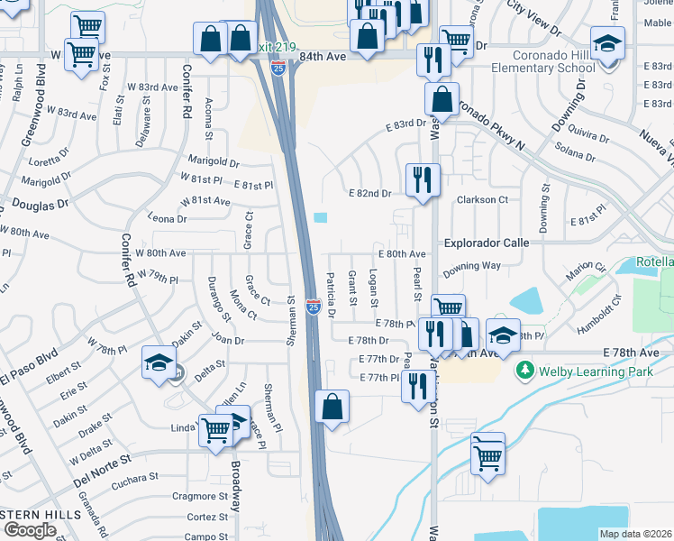 map of restaurants, bars, coffee shops, grocery stores, and more near 7966 Patricia Drive in Denver