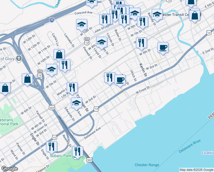 map of restaurants, bars, coffee shops, grocery stores, and more near 309 Pennell Street in Chester