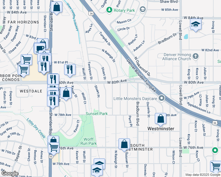 map of restaurants, bars, coffee shops, grocery stores, and more near 7988 Stuart Street in Westminster