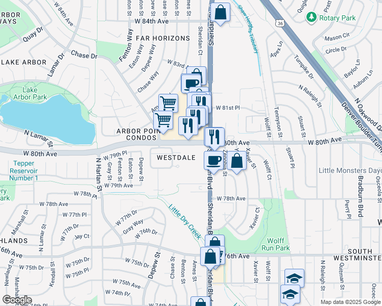 map of restaurants, bars, coffee shops, grocery stores, and more near in Arvada