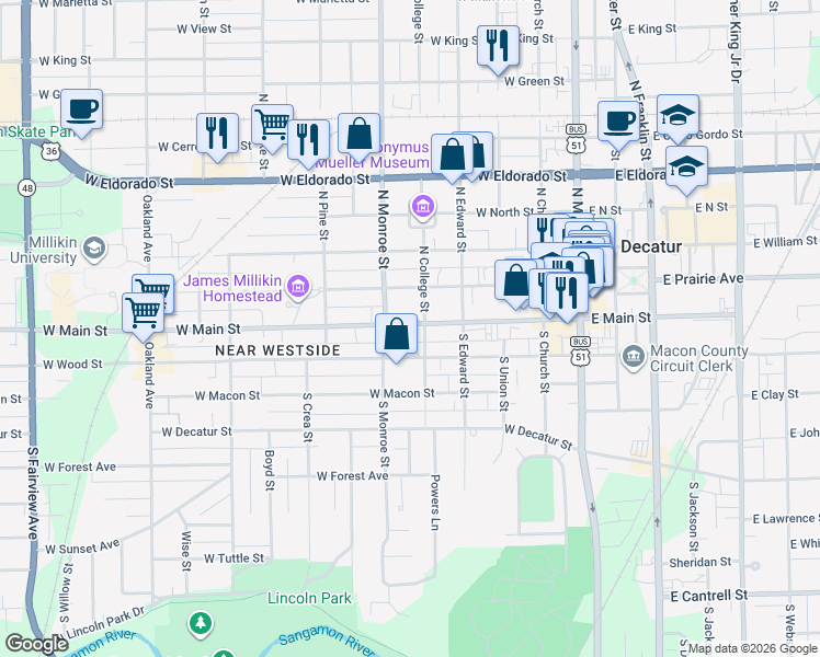 map of restaurants, bars, coffee shops, grocery stores, and more near 500 West Main Street in Decatur