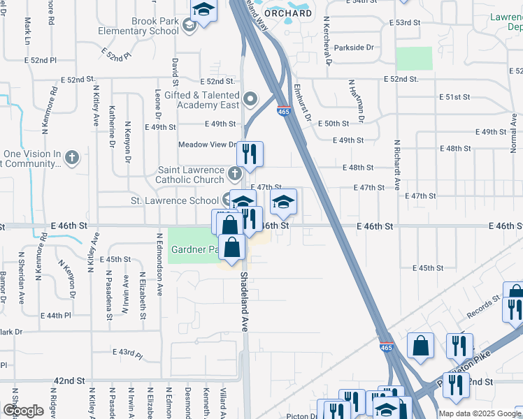 map of restaurants, bars, coffee shops, grocery stores, and more near 4620 Englewood Drive in Lawrence