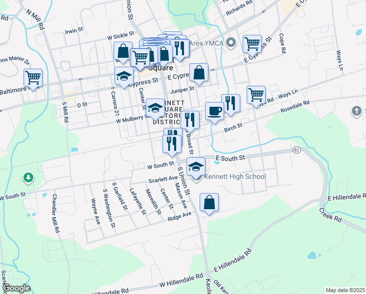 map of restaurants, bars, coffee shops, grocery stores, and more near 600 South Broad Street in Kennett Square