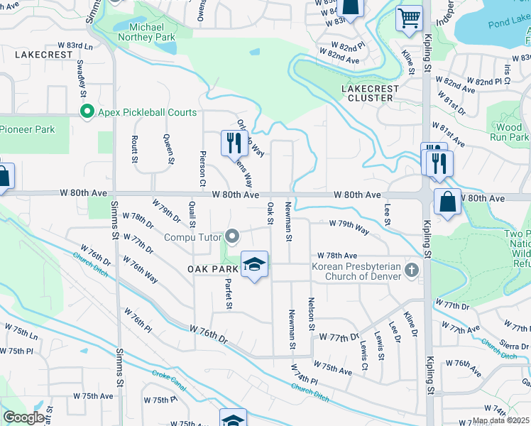 map of restaurants, bars, coffee shops, grocery stores, and more near 10813 West 79th Place in Arvada