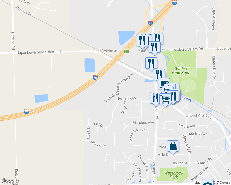 map of restaurants, bars, coffee shops, grocery stores, and more near 101 Bruns Drive in Brookville