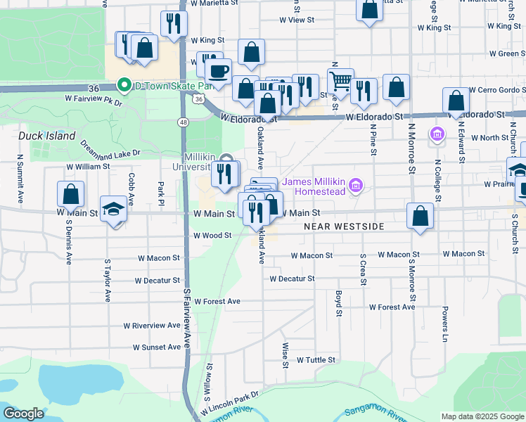 map of restaurants, bars, coffee shops, grocery stores, and more near 100 North Oakland Avenue in Decatur