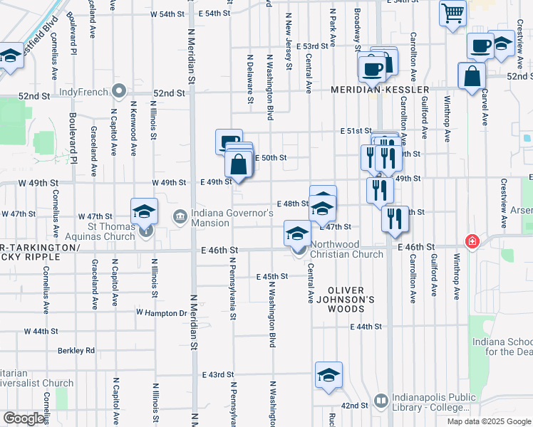 map of restaurants, bars, coffee shops, grocery stores, and more near 4760 North Washington Boulevard in Indianapolis