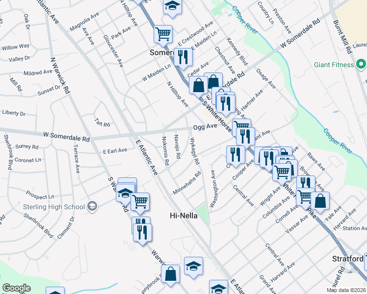map of restaurants, bars, coffee shops, grocery stores, and more near 16 Hiawatha Road in Somerdale