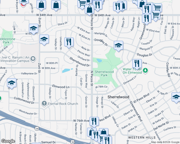 map of restaurants, bars, coffee shops, grocery stores, and more near in Sherrelwood