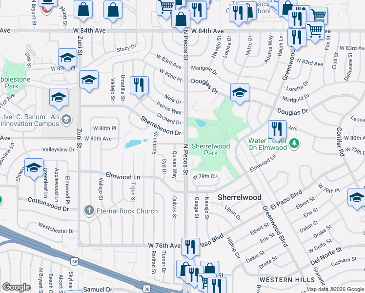 map of restaurants, bars, coffee shops, grocery stores, and more near in Sherrelwood