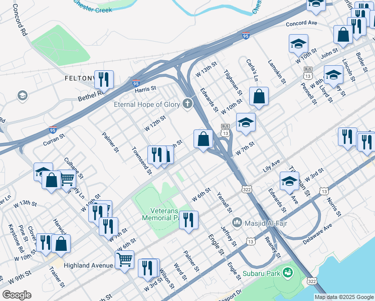 map of restaurants, bars, coffee shops, grocery stores, and more near 933 Yarnall Street in Chester