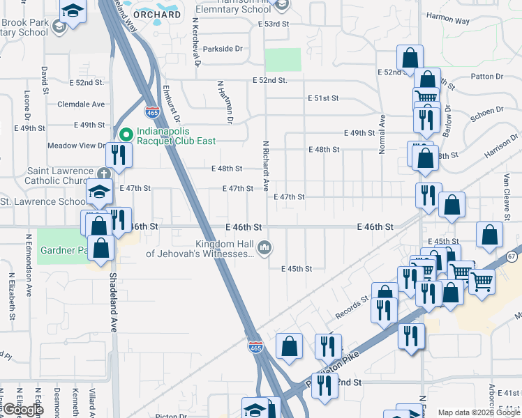 map of restaurants, bars, coffee shops, grocery stores, and more near 4646 North Richardt Avenue in Indianapolis