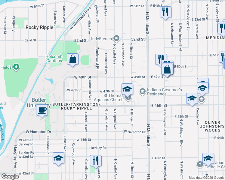 map of restaurants, bars, coffee shops, grocery stores, and more near 4709 North Capitol Avenue in Indianapolis