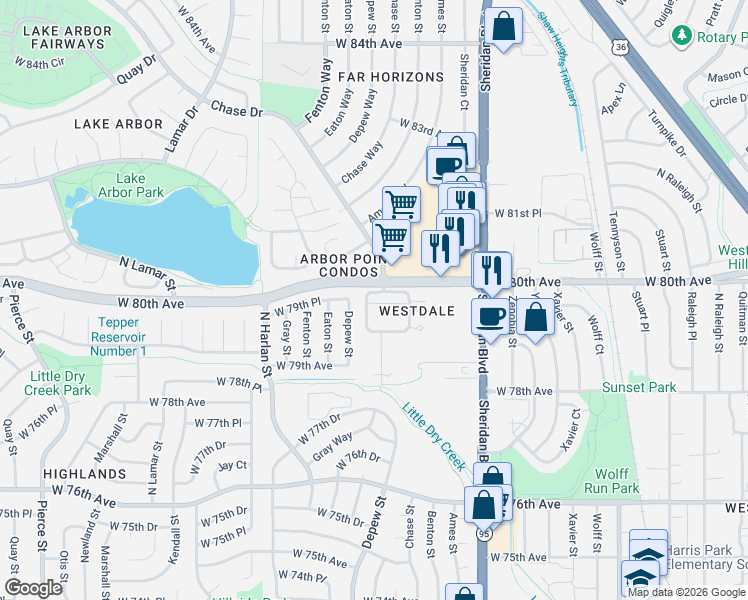 map of restaurants, bars, coffee shops, grocery stores, and more near 7996 Chase Circle in Arvada