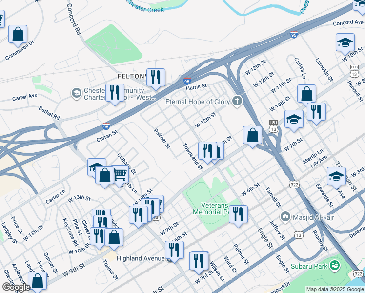 map of restaurants, bars, coffee shops, grocery stores, and more near 1114 Townsend Street in Chester