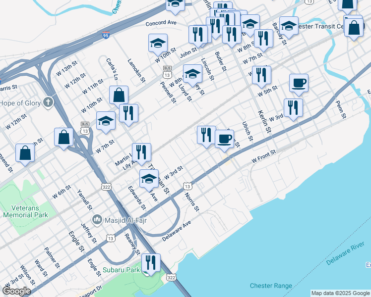 map of restaurants, bars, coffee shops, grocery stores, and more near 322 Lamokin Street in Chester