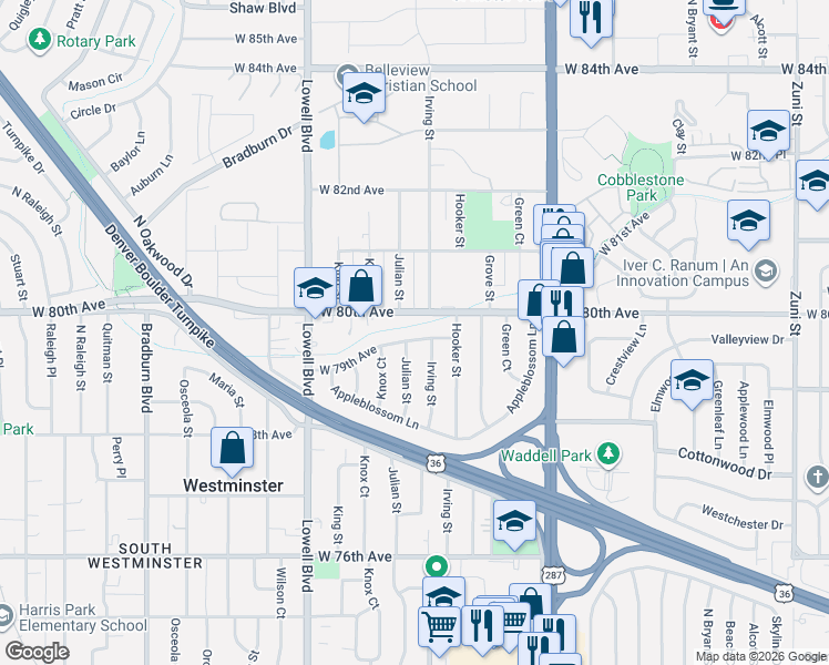 map of restaurants, bars, coffee shops, grocery stores, and more near 3300 West 80th Avenue in Westminster