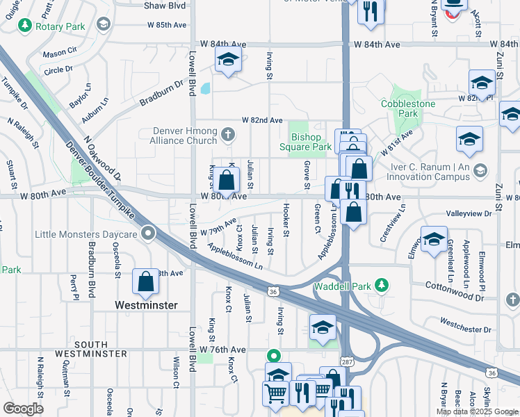 map of restaurants, bars, coffee shops, grocery stores, and more near 3321 West 79th Avenue in Westminster