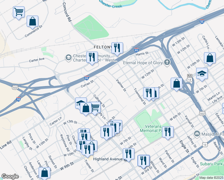 map of restaurants, bars, coffee shops, grocery stores, and more near 1127 Ward Street in Chester