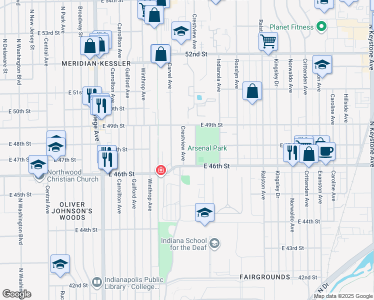 map of restaurants, bars, coffee shops, grocery stores, and more near 4702 Haverford Avenue in Indianapolis