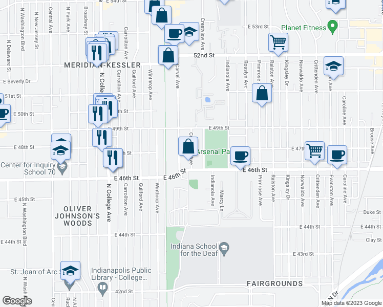 map of restaurants, bars, coffee shops, grocery stores, and more near 4650 Crestview Avenue in Indianapolis