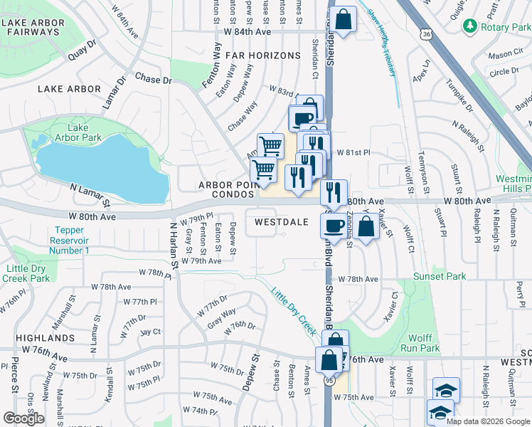 map of restaurants, bars, coffee shops, grocery stores, and more near 7997 Chase Circle in Arvada