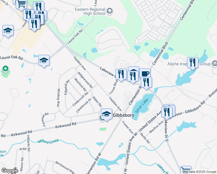 map of restaurants, bars, coffee shops, grocery stores, and more near 60 Haddon Avenue in Gibbsboro