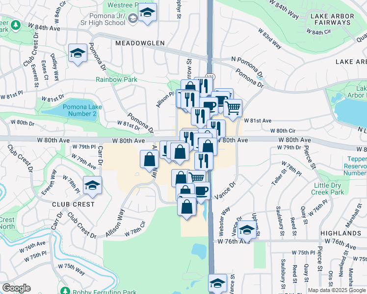 map of restaurants, bars, coffee shops, grocery stores, and more near 7790 West 80th Avenue in Arvada