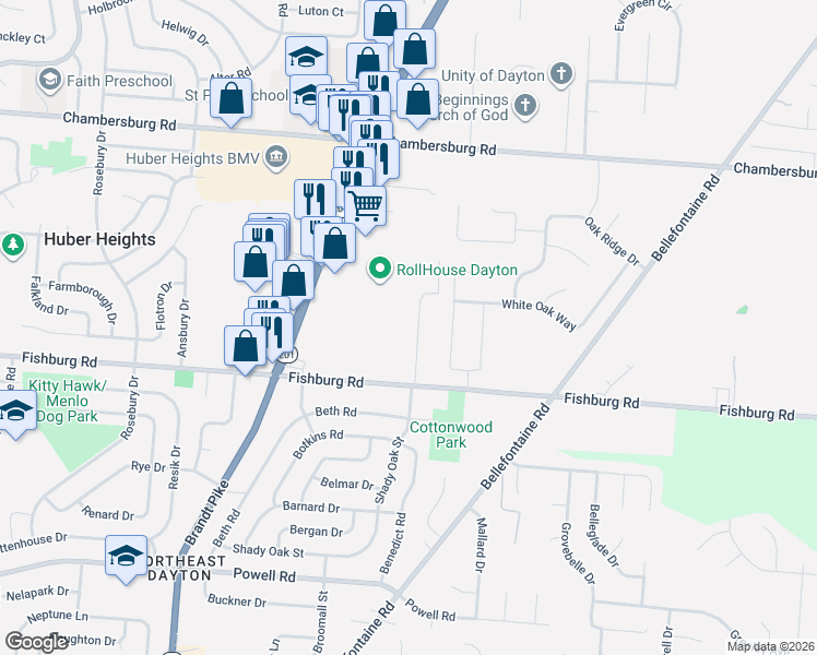 map of restaurants, bars, coffee shops, grocery stores, and more near 6123 Shady Oak Street in Dayton