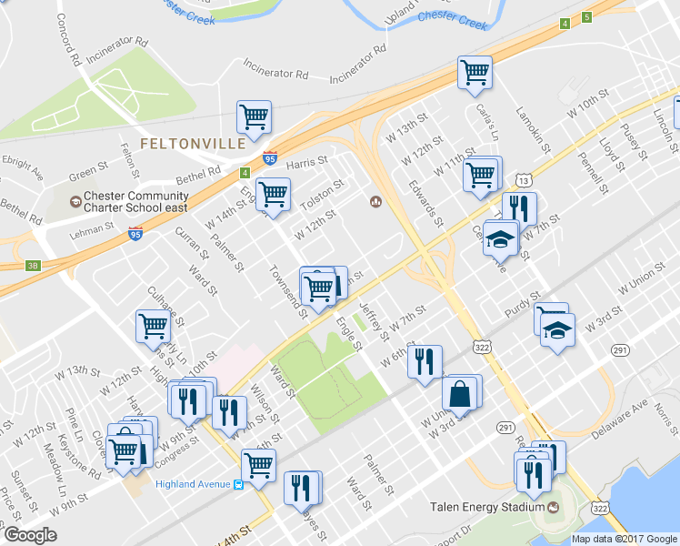 map of restaurants, bars, coffee shops, grocery stores, and more near 2102 West 10th Street in Chester