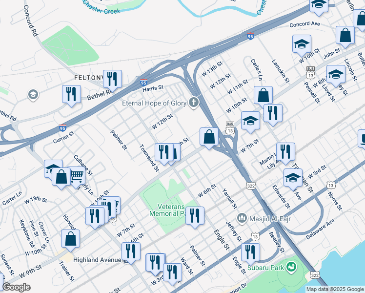 map of restaurants, bars, coffee shops, grocery stores, and more near 2023 West 10th Street in Chester