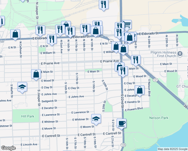 map of restaurants, bars, coffee shops, grocery stores, and more near 134 South 19th Street in Decatur