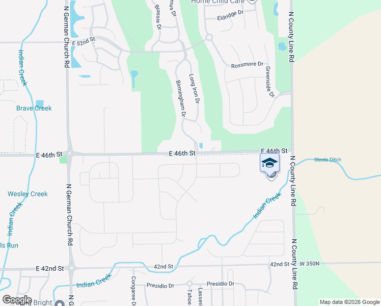map of restaurants, bars, coffee shops, grocery stores, and more near 11479 East 46th Street in Indianapolis