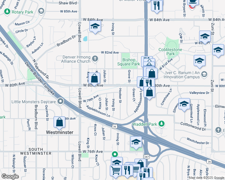 map of restaurants, bars, coffee shops, grocery stores, and more near 3300 West 80th Avenue in Westminster