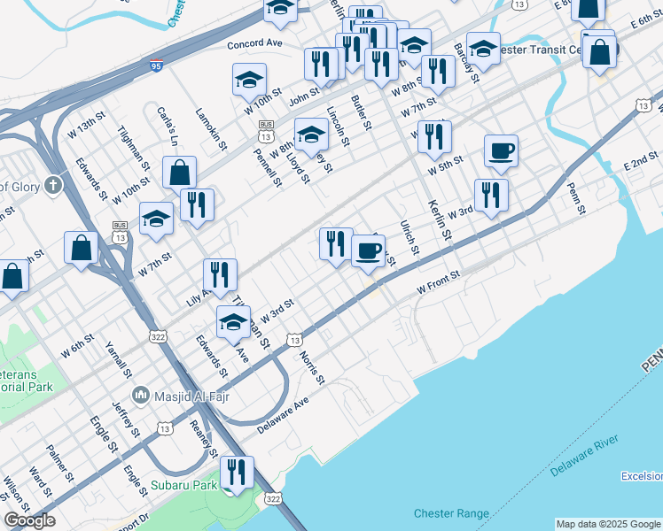 map of restaurants, bars, coffee shops, grocery stores, and more near 309 Pennell Street in Chester