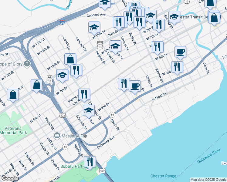map of restaurants, bars, coffee shops, grocery stores, and more near 339 Lamokin Street in Chester