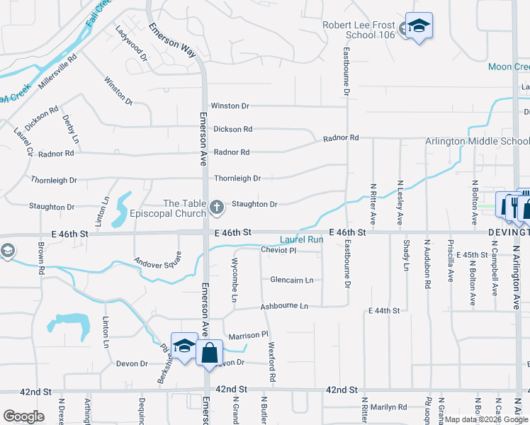 map of restaurants, bars, coffee shops, grocery stores, and more near 5205 Staughton Drive in Indianapolis