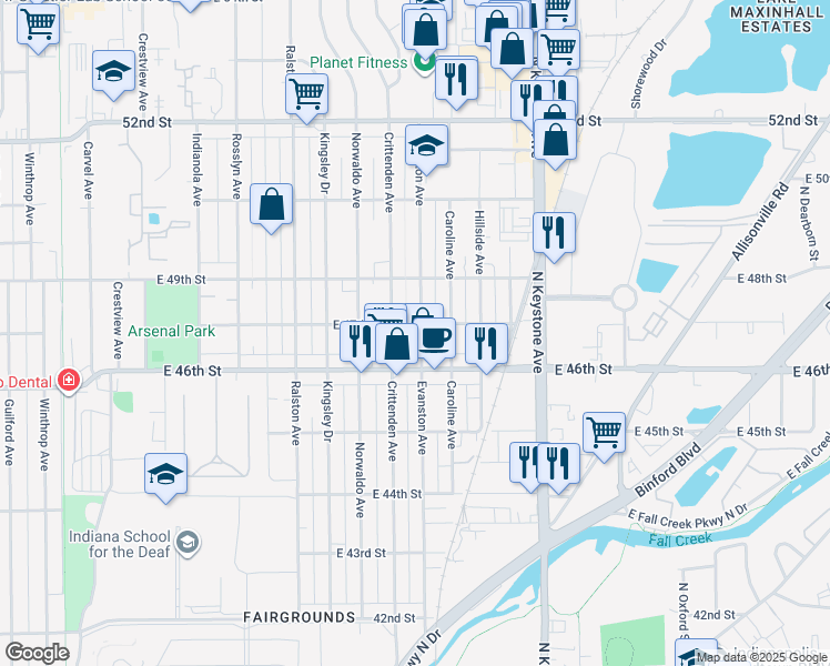 map of restaurants, bars, coffee shops, grocery stores, and more near 4652 Evanston Avenue in Indianapolis