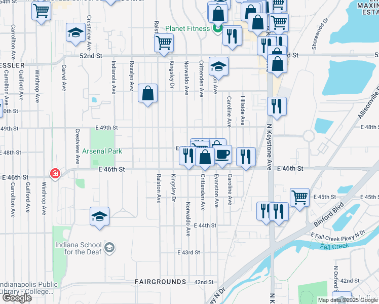 map of restaurants, bars, coffee shops, grocery stores, and more near 4655 Norwaldo Avenue in Indianapolis