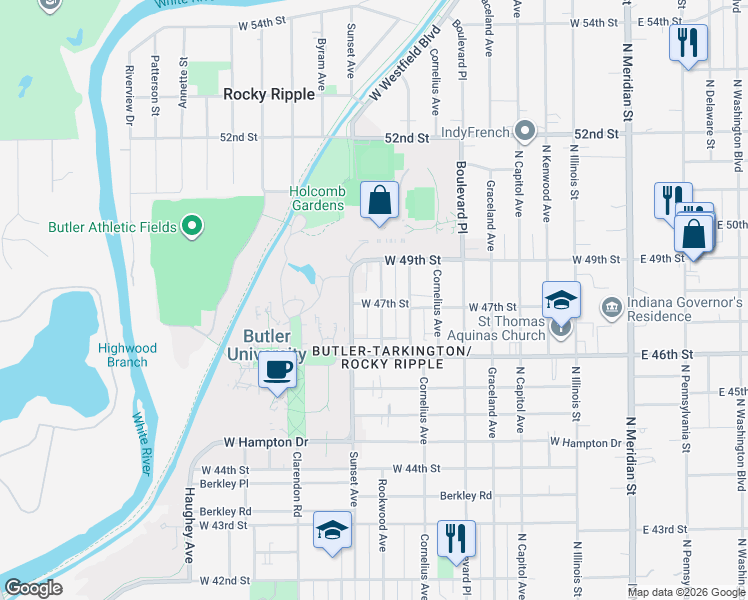 map of restaurants, bars, coffee shops, grocery stores, and more near 4711 Rookwood Avenue in Indianapolis