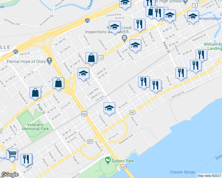 map of restaurants, bars, coffee shops, grocery stores, and more near 523 Norris Street in Chester