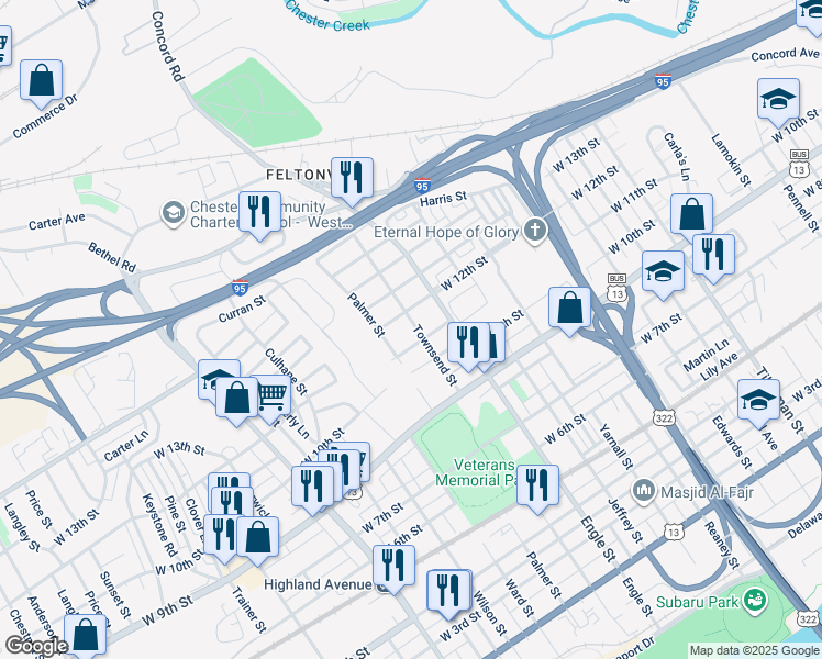 map of restaurants, bars, coffee shops, grocery stores, and more near 1114 Townsend Street in Chester