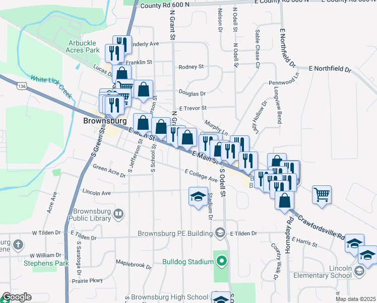 map of restaurants, bars, coffee shops, grocery stores, and more near 440 East Main Street in Brownsburg